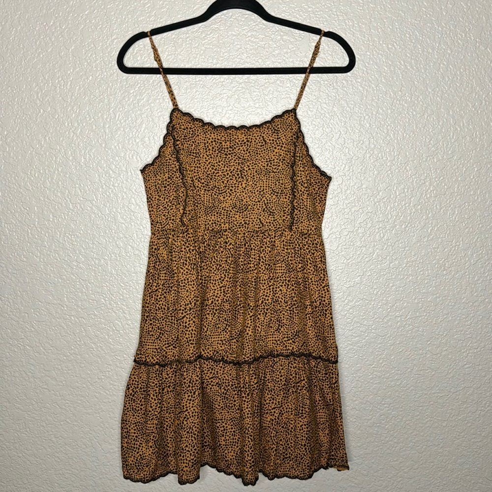 Urban Outfitters Rayon Mini Scallop Babydoll dress, Medium, Brown/Black Pattern